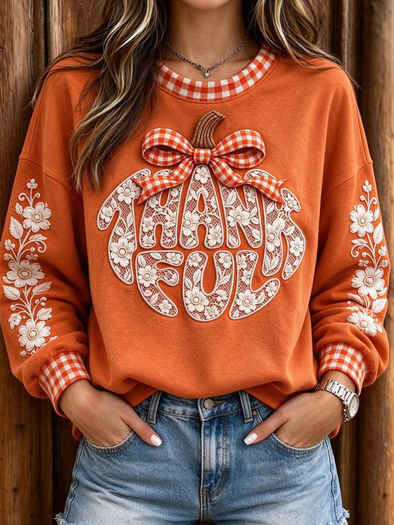 Women's Thanksgiving Orange Letter Graphic Round Neck Long Sleeve Sweatshirt