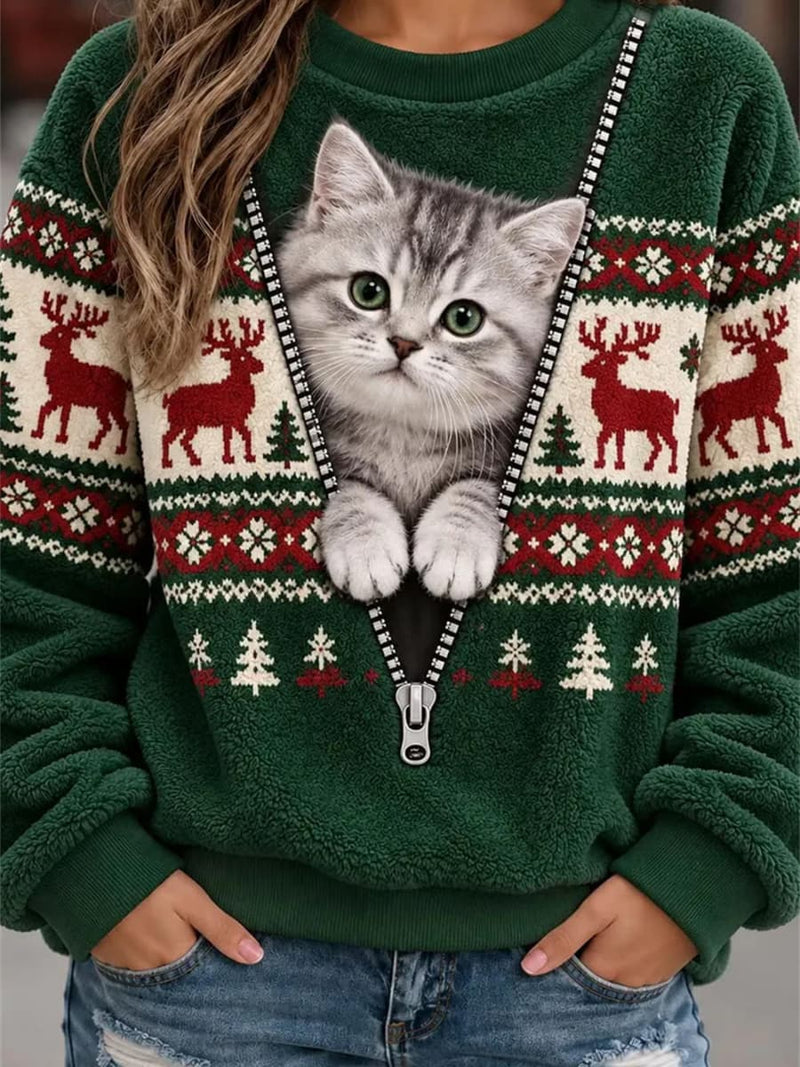 Women's Christmas Green Cat Deer Round Neck Long Sleeve Sweatshirt