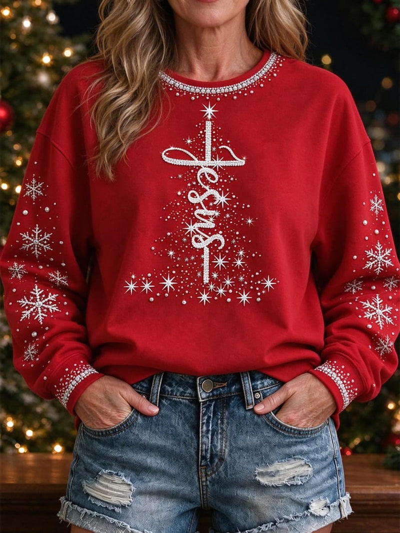 Women's Christmas Red Snowflake Round Neck Long Sleeve Sweatshirt