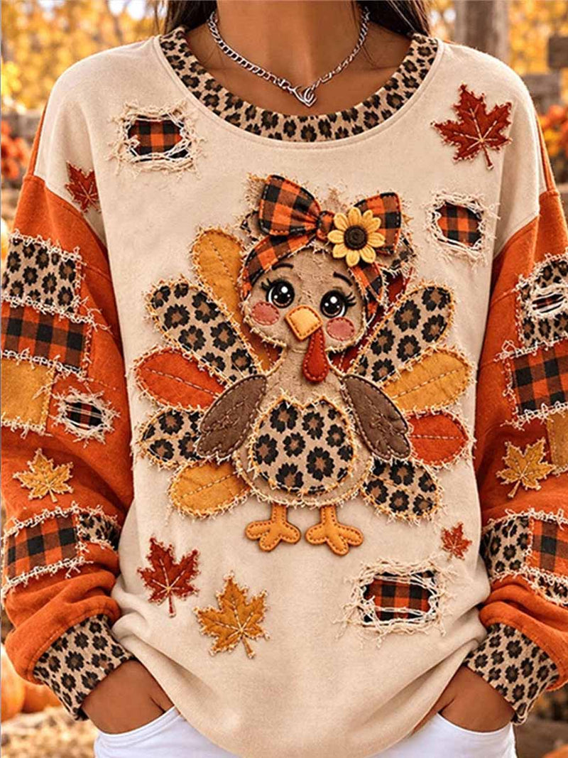 Women's Thanksgiving Beige Turkey Color Block Round Neck Long Sleeve Sweatshirt