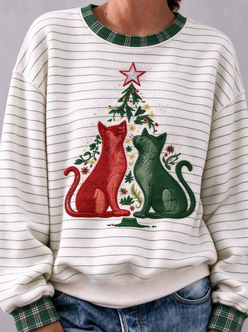 Women's Christmas White Striped Cat Round Neck Long Sleeve Sweatshirt