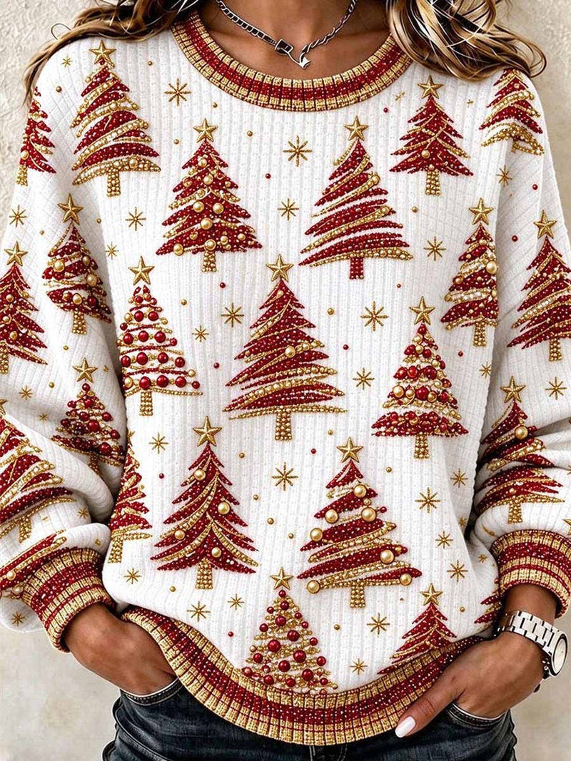 Women's Christmas White Tree Round Neck Long Sleeve Sweatshirt