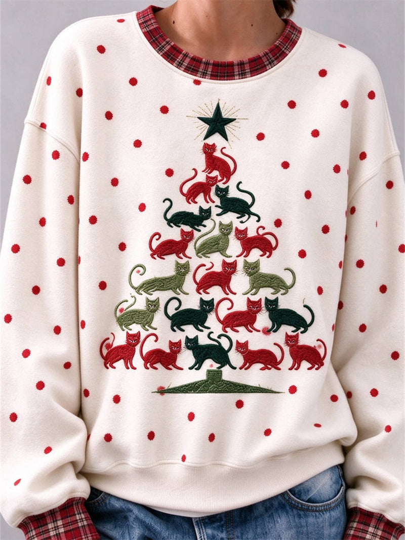 Women's Christmas White Polka Dot Cat Plaid Round Neck Long Sleeve Sweatshirt