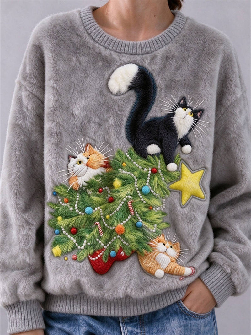 Women's Christmas Grey Cat Tree Round Neck Long Sleeve Sweater