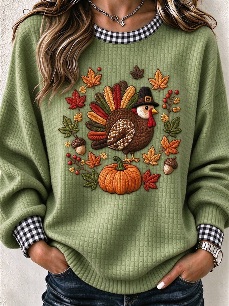 Women's Thanksgiving Green Turkey Plaid Round Neck Long Sleeve Sweatshirt