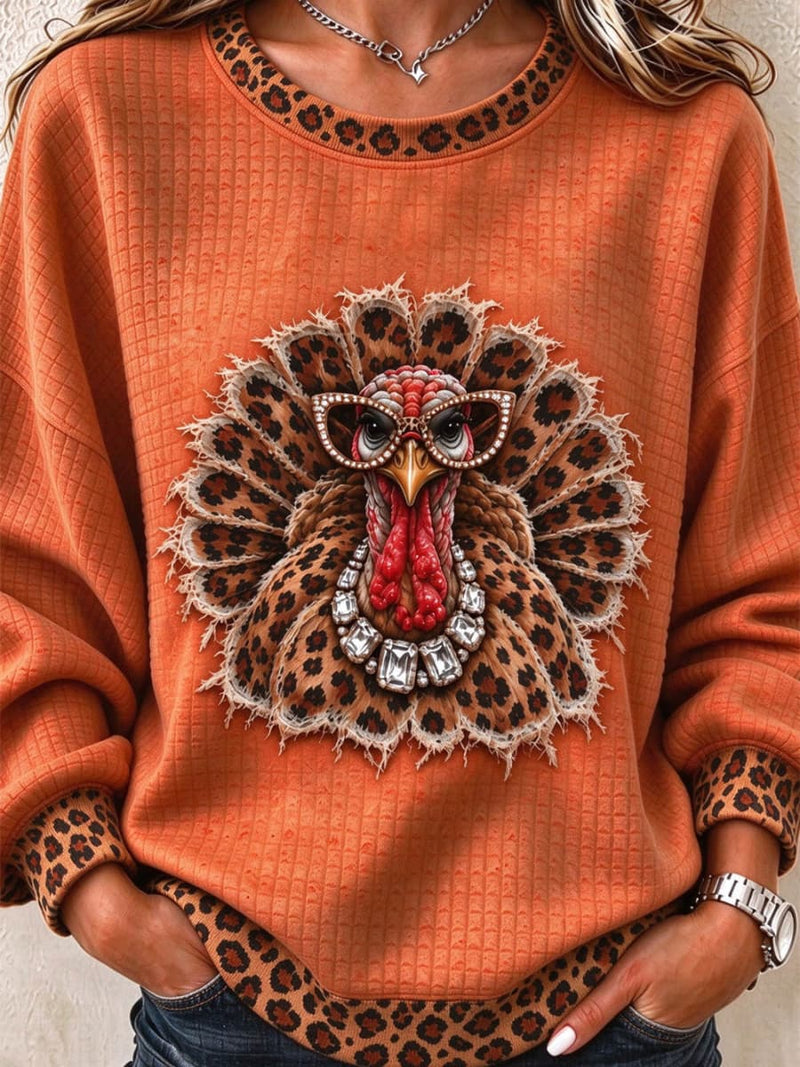 Women's Thanksgiving Orange Turkey Leopard Print Round Neck Long Sleeve Sweatshirt