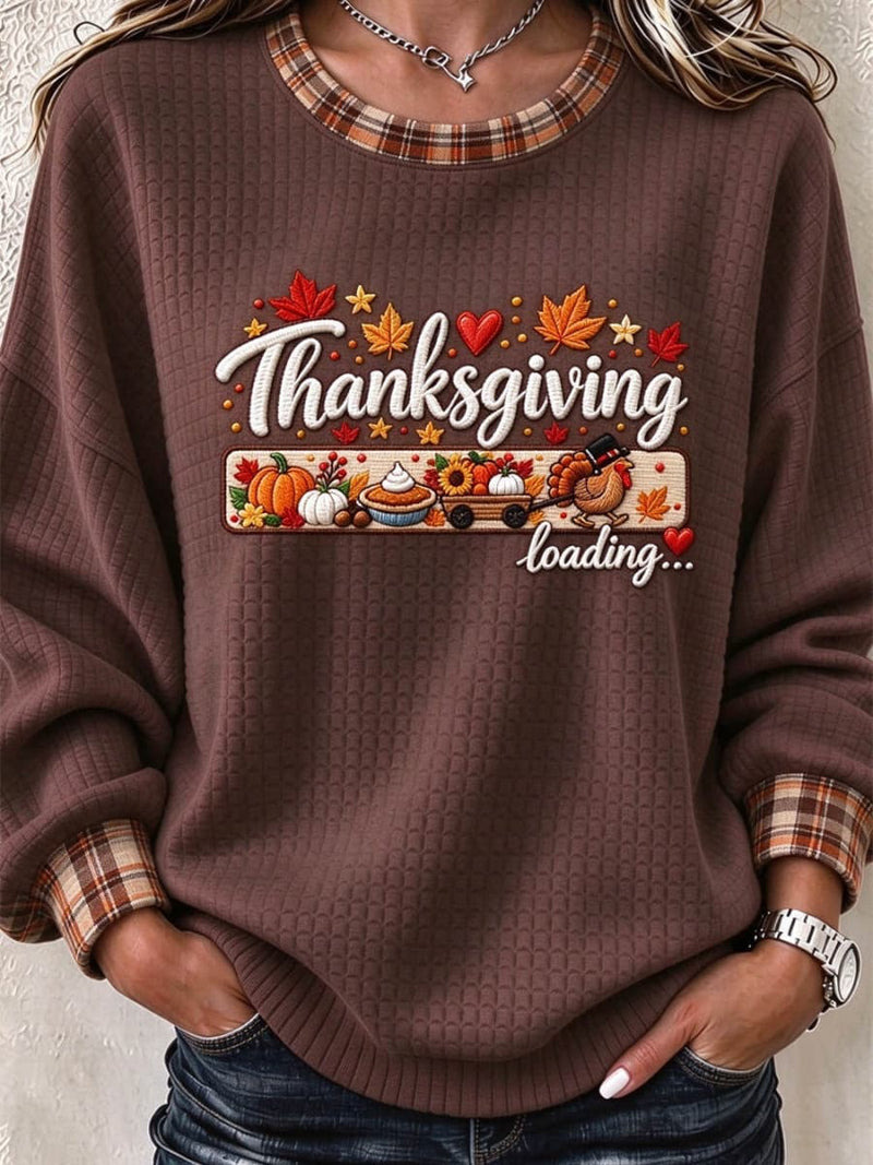 Women's Thanksgiving Brown Letter Pumpkin Plaid Round Neck Long Sleeve Sweatshirt
