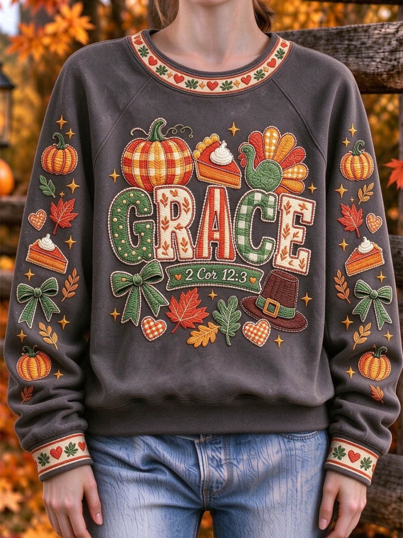 Women's Thanksgiving Grey Letter Turkey Round Neck Long Sleeve Sweatshirt