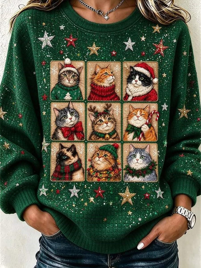 Women's Christmas Green Cat Round Neck Long Sleeve Sweatshirt