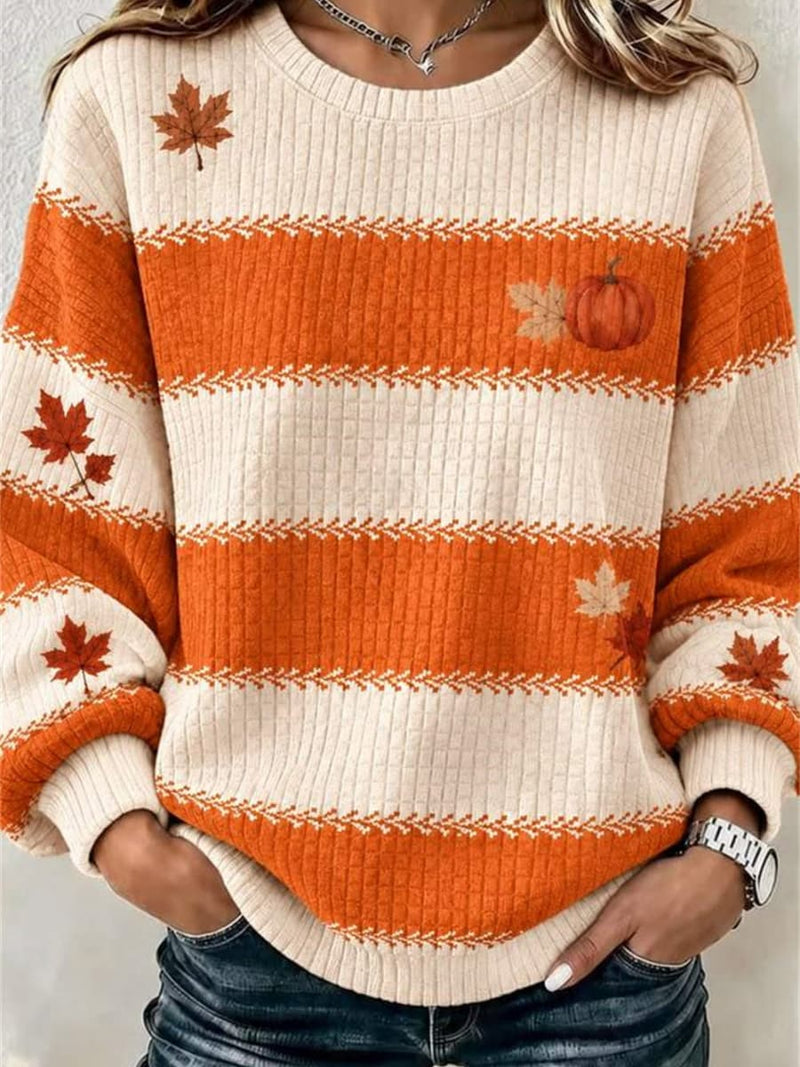 Women's Thanksgiving Brown Striped Pumpkin Round Neck Long Sleeve Sweatshirt