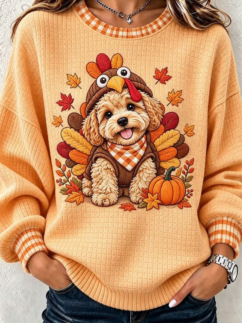 Women's Thanksgiving Orange Dog Turkey Round Neck Long Sleeve Sweatshirt