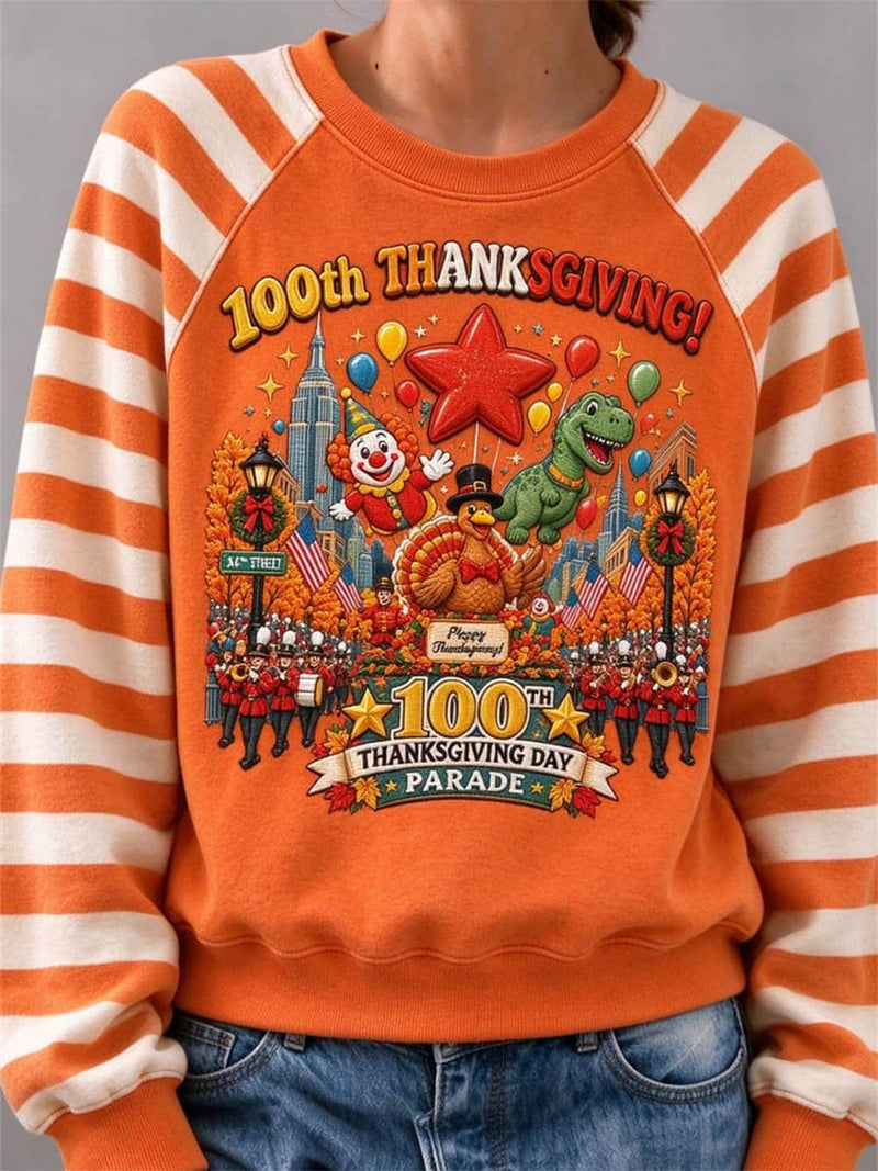 Women's Thanksgiving Orange Striped Parade Round Neck Long Sleeve Sweatshirt