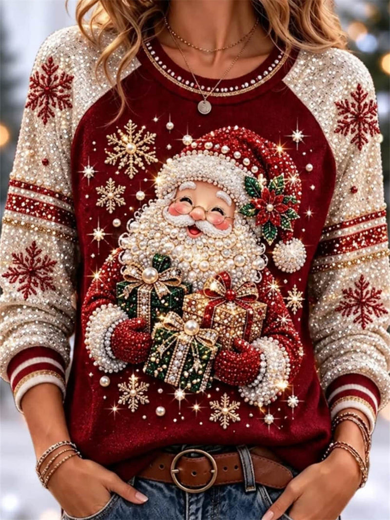 Women's Christmas Red Santa Claus Round Neck Long Sleeve Sweatshirt