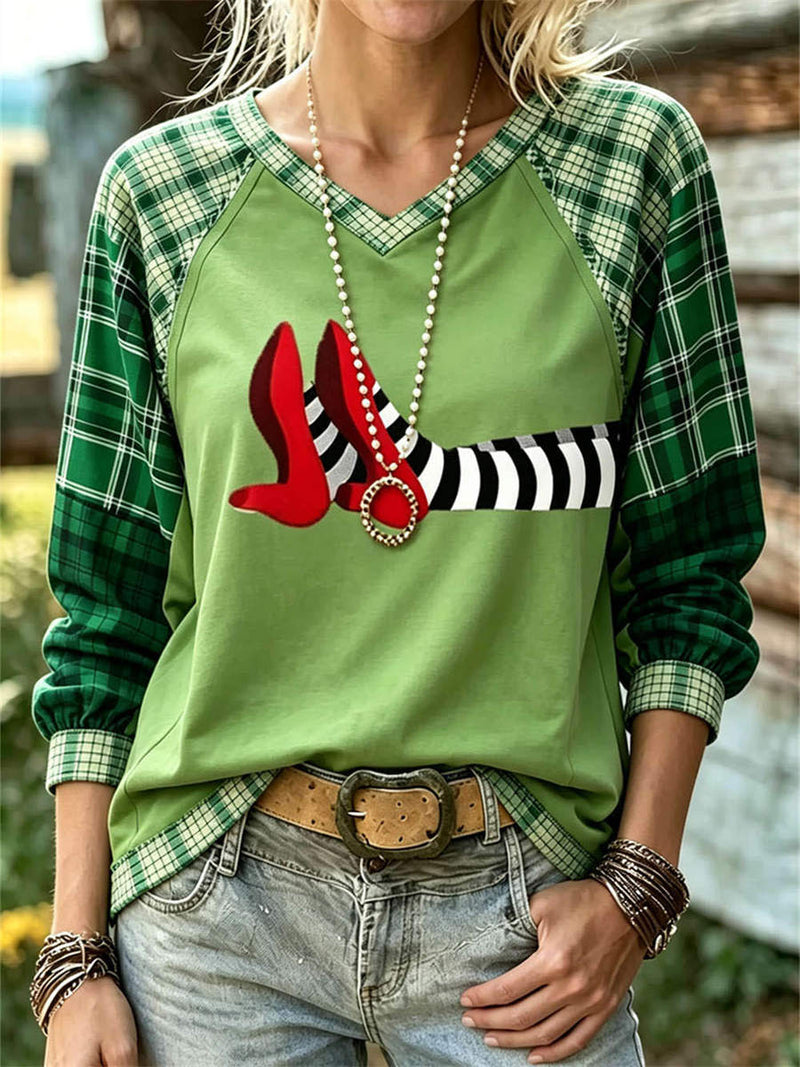 Women's Halloween Multi Red Shoes V Neck Raglan Sleeve Top