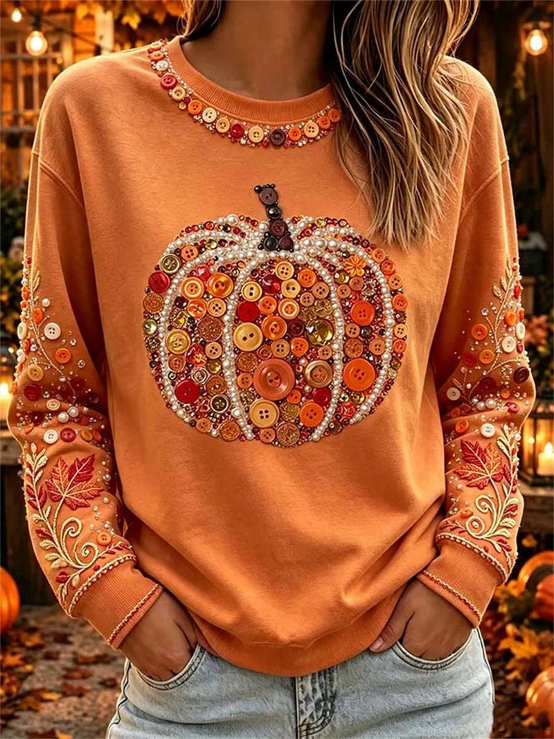 Women's Halloween Orange Button Pumpkin Leaf Print Round Neck Top