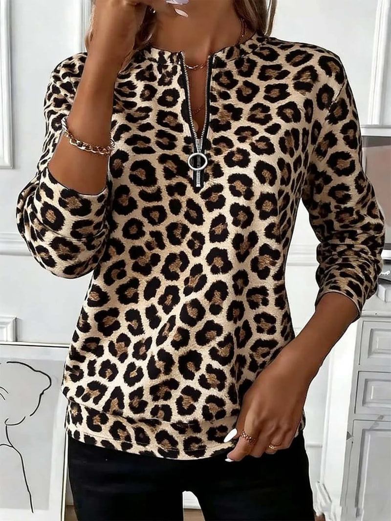 Women's Brown Leopard Quarter Zip Round Neck Long Sleeves Top
