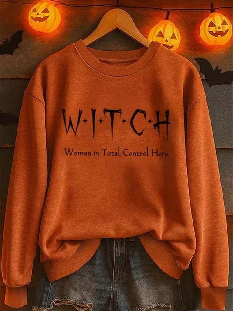 Women's Halloween Orange Letter Print Round Neck Top