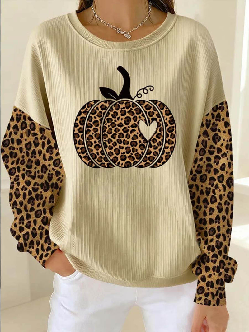 Women's Halloween Multi Leopard Pumpkin Print Round Neck Top