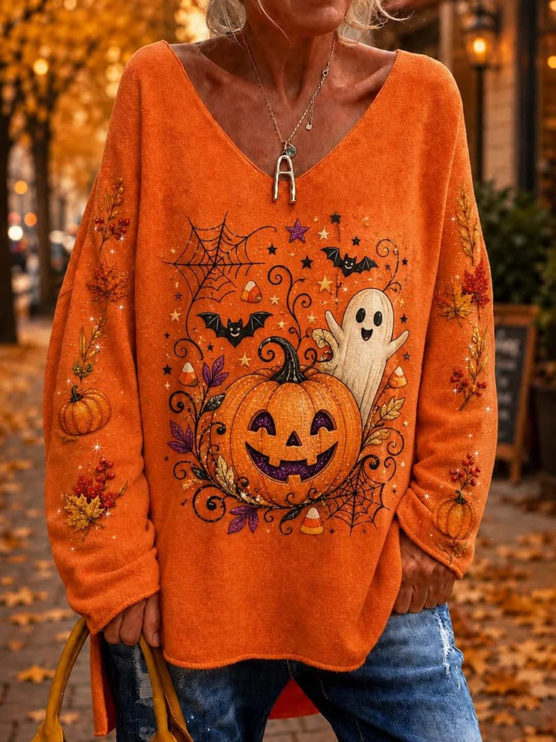 Women's Halloween Orange Pumpkin Ghost V Neck Long Sleeve Top