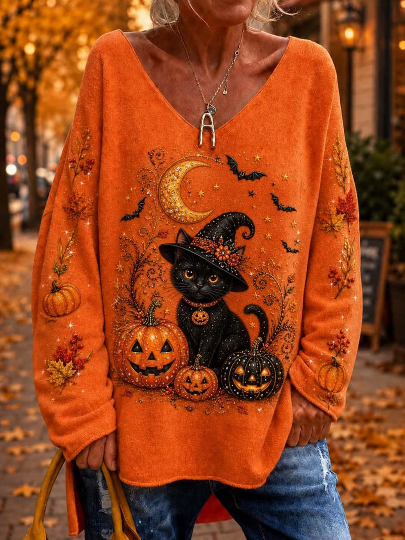 Women's Halloween Orange Black Cat Pumpkin V Neck Long Sleeve Top