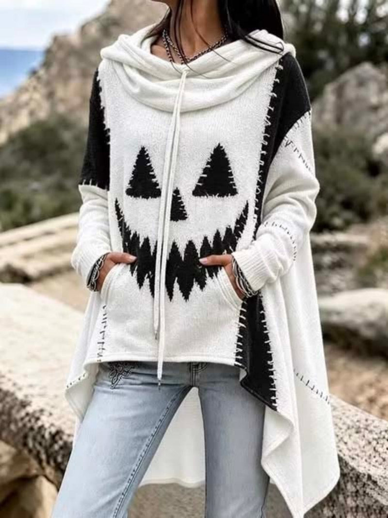 Women's Halloween Black And White Pumpkin Face Cowl Neck Top