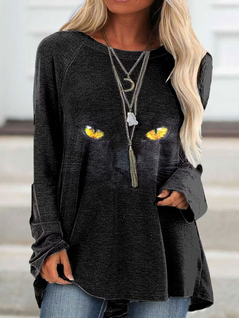Women's Halloween Dark Gray Cat Eye Round Neck Long Sleeve Top