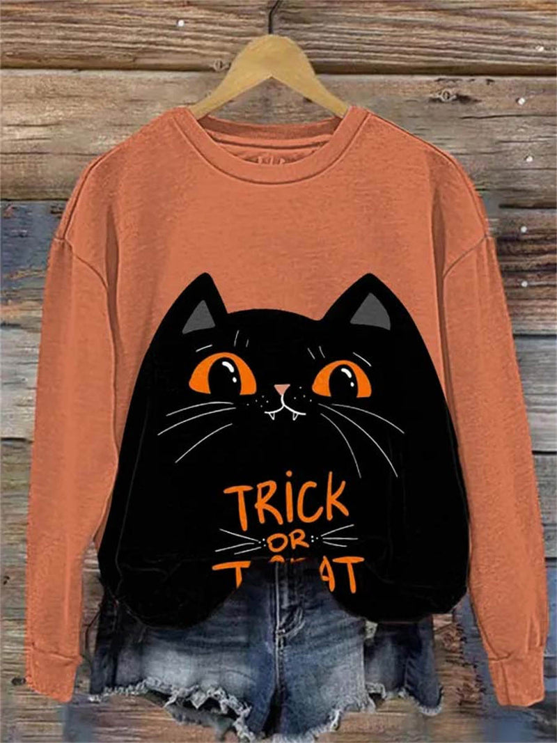 Women's Halloween Orange Black Cat Graphic Round Neck Top