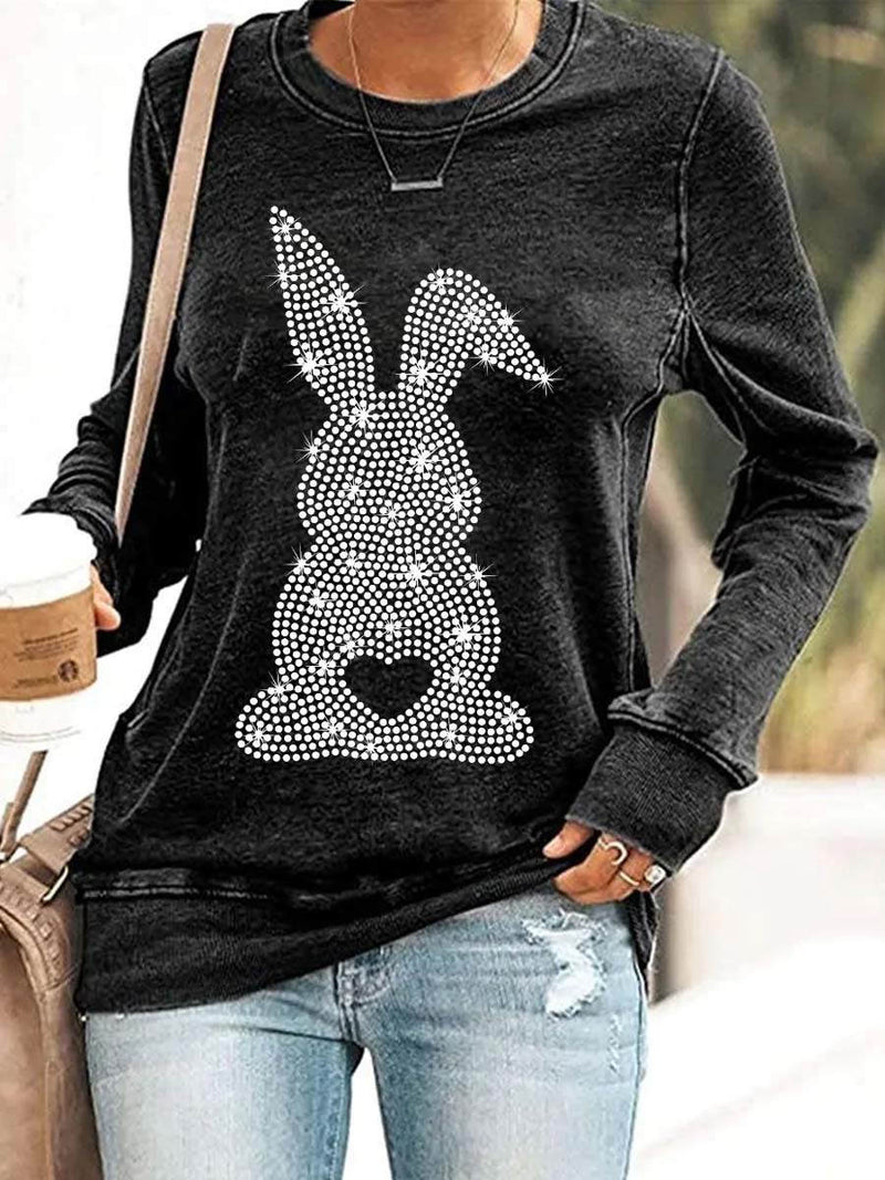 Women's Black Bunny Graphic Round Neck Top