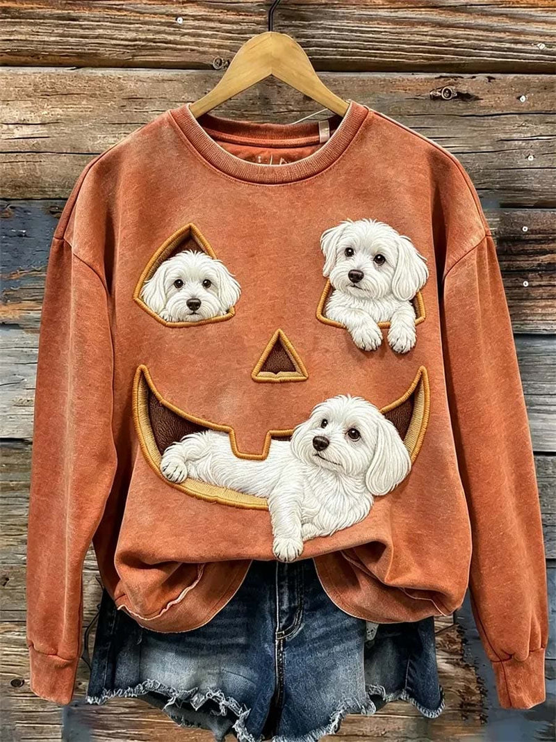 Women's Halloween Rust Maltese Dog Pumpkin Face Print Round Neck Top