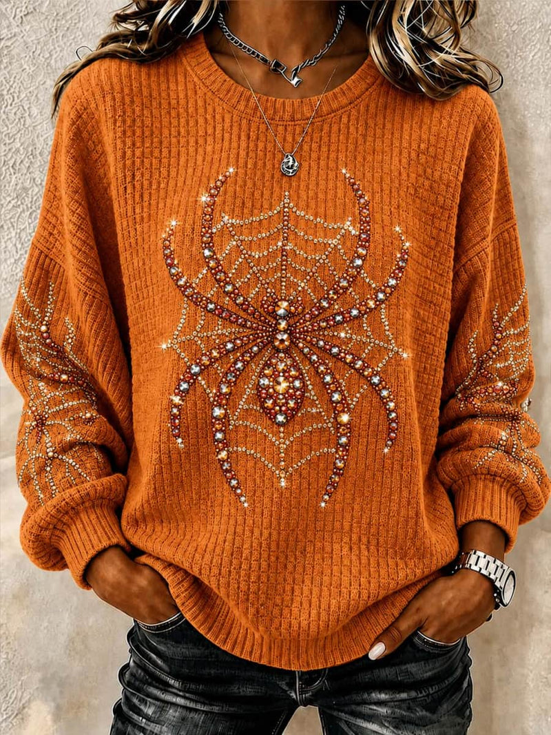 Women's Halloween Orange Spider Print Round Neck Long Sleeve Top