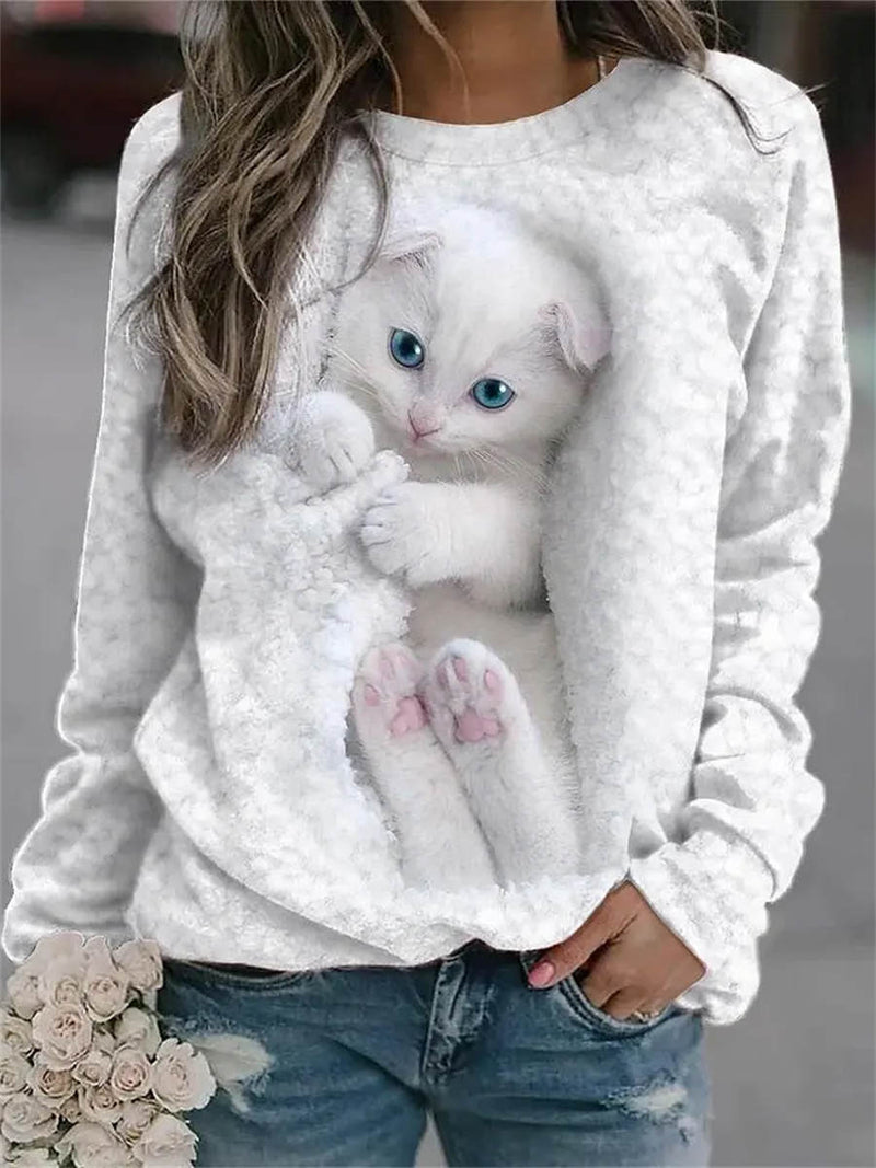 Women's White Cat Graphic Crew Neck Long Sleeves Top