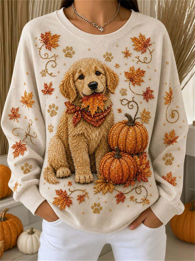 Women's Halloween Cream Dog Pumpkin Maple Leaf Round Neck Top