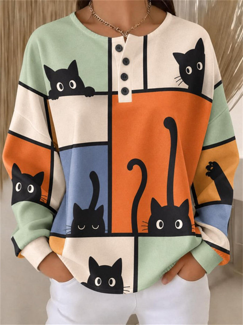 Women's Multi Cat Print Henley Top