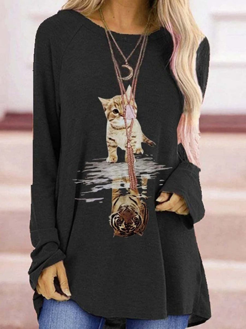 Women's Black Cat Tiger Reflection Print Round Neck Long Sleeve Top