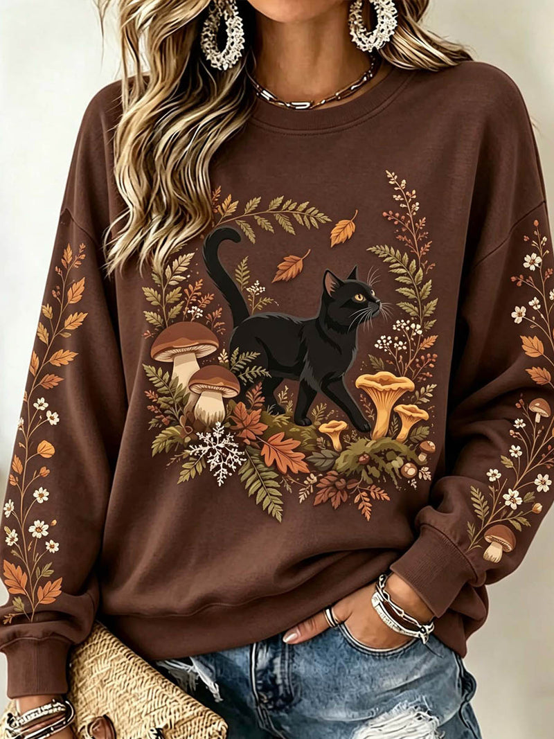 Women's Brown Cat Mushroom Round Neck Long Sleeve Top