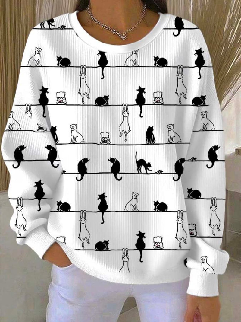 Women's White Cat Print Round Neck Long Sleeve Top