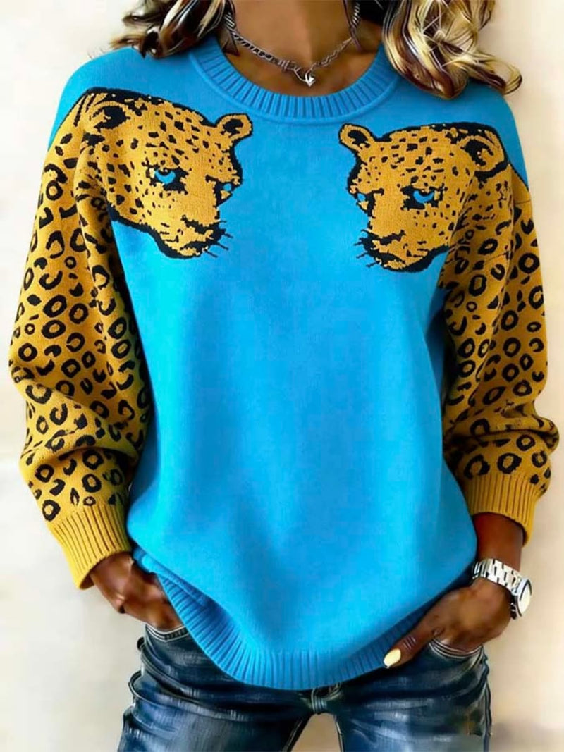Women's Blue Leopard Print Round Neck Long Sleeve Top