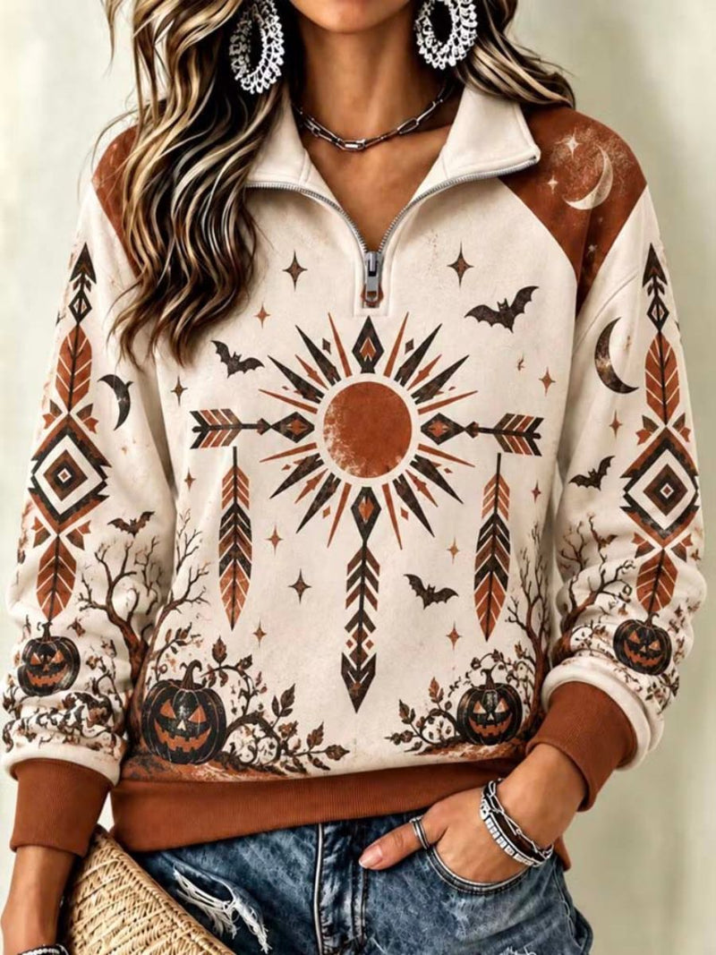 Women's Halloween Multi Totem Print Half Zip Top