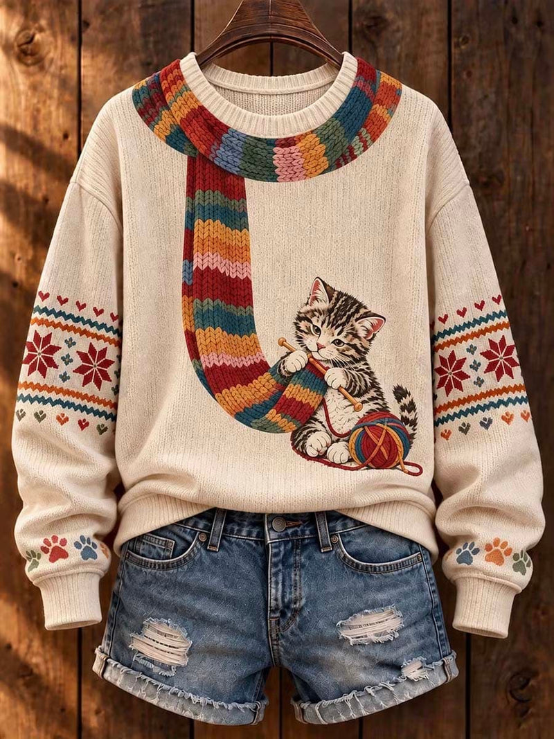 Women's Cream Cat Knitting Print Round Neck Long Sleeve Sweater