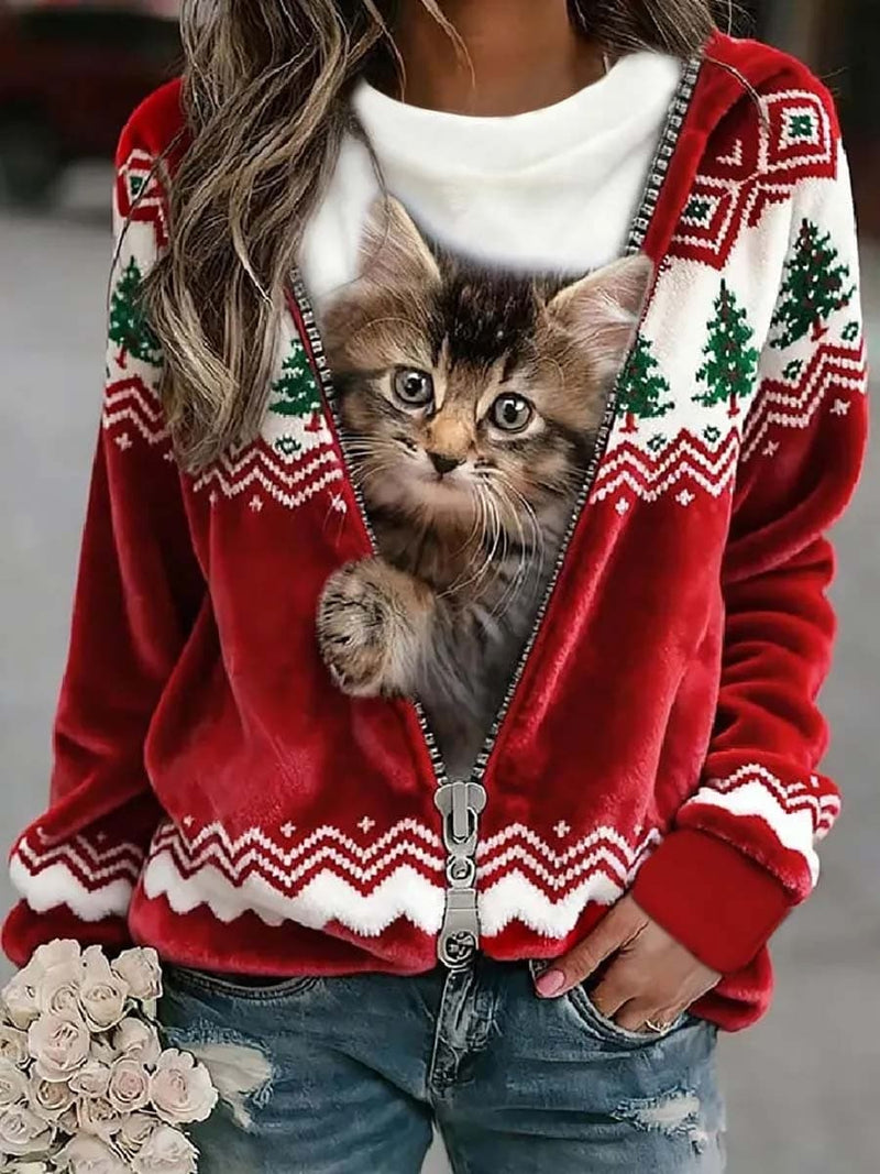 Women's Christmas Red Cat Geometric Print Round Neck Long Sleeve Top