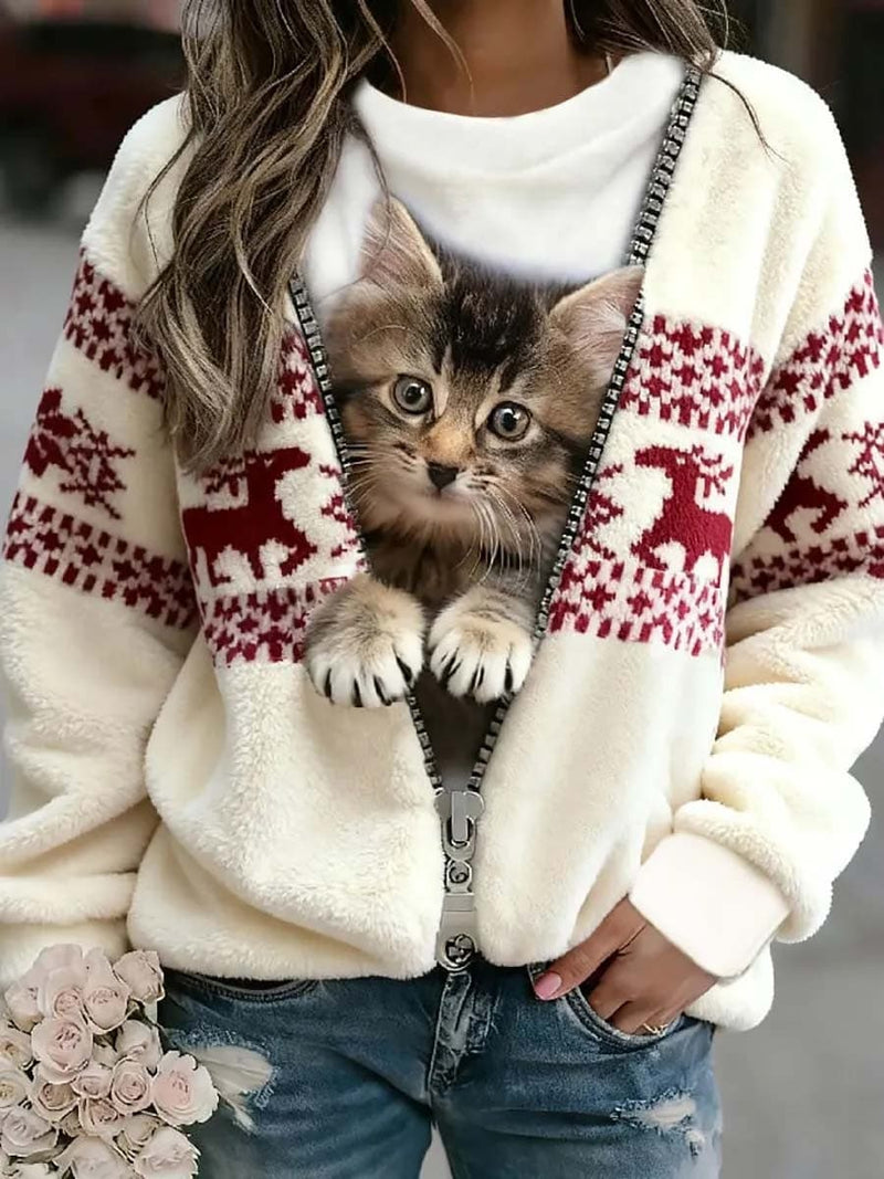 Women's Christmas Cream Cat Deer Print Round Neck Long Sleeve Top