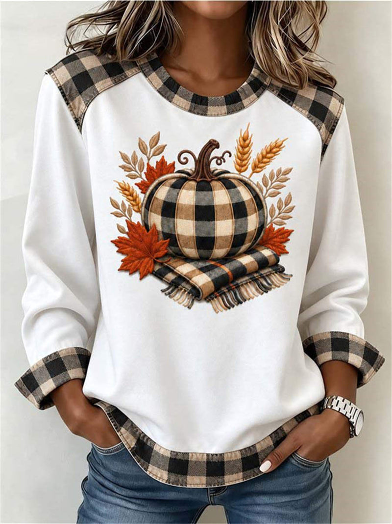 Women's Halloween White Pumpkin Plaid Crew Neck Long Sleeve Top