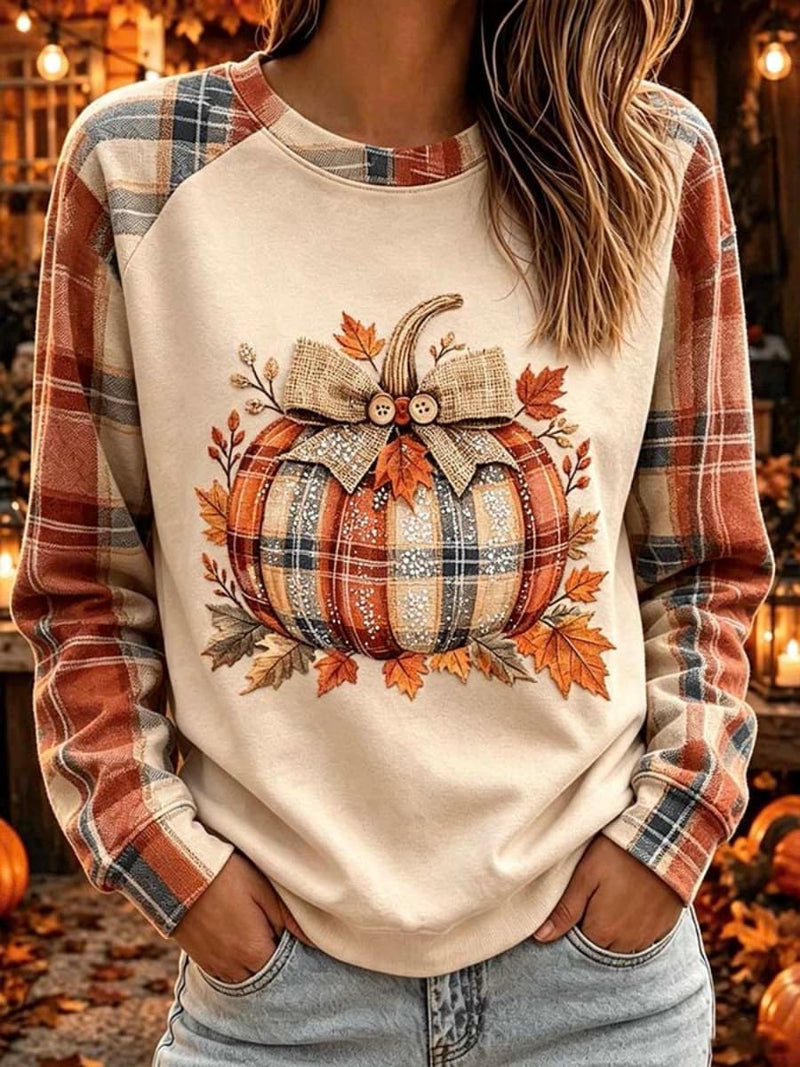 Women's Halloween Cream Pumpkin Plaid Round Neck Top