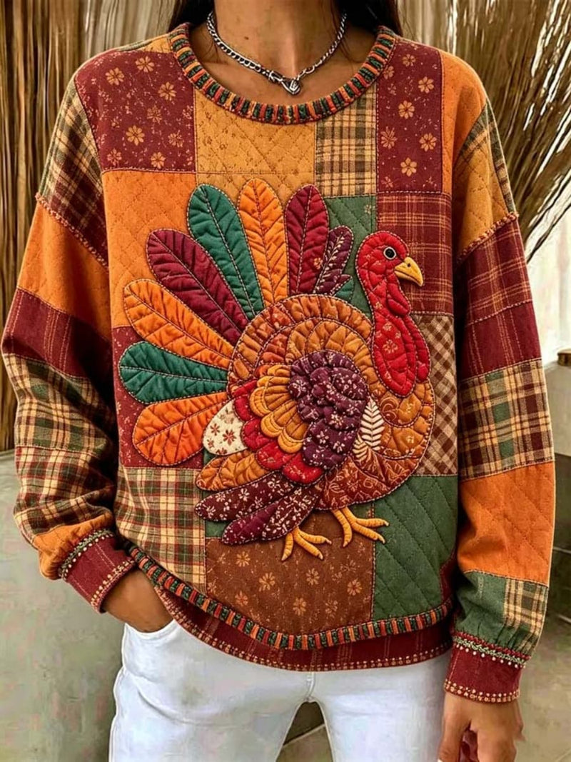 Women's Thanksgiving Multi Patchwork Turkey Crew Neck Long Sleeve Top