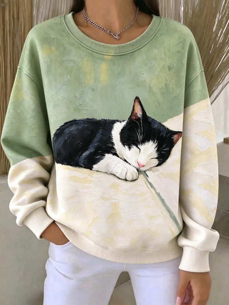 Women's Multi Cat Art Round Neck Long Sleeve Top