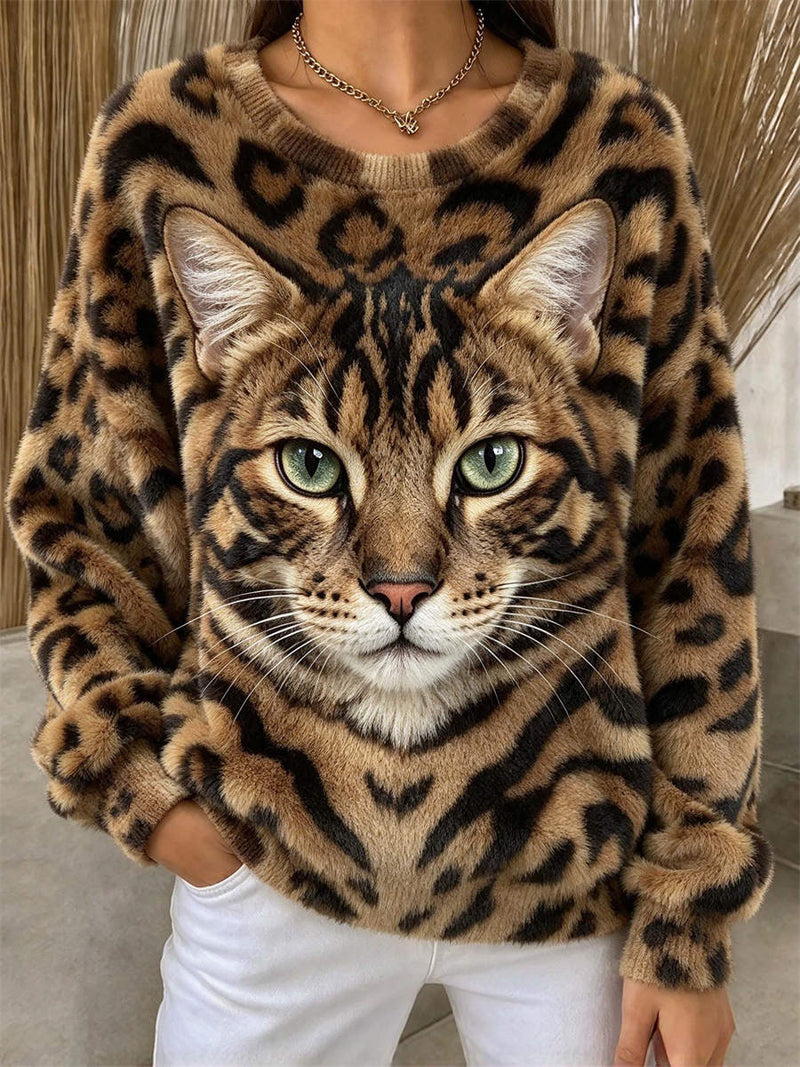 Women's Brown Cat Round Neck Long Sleeve Top