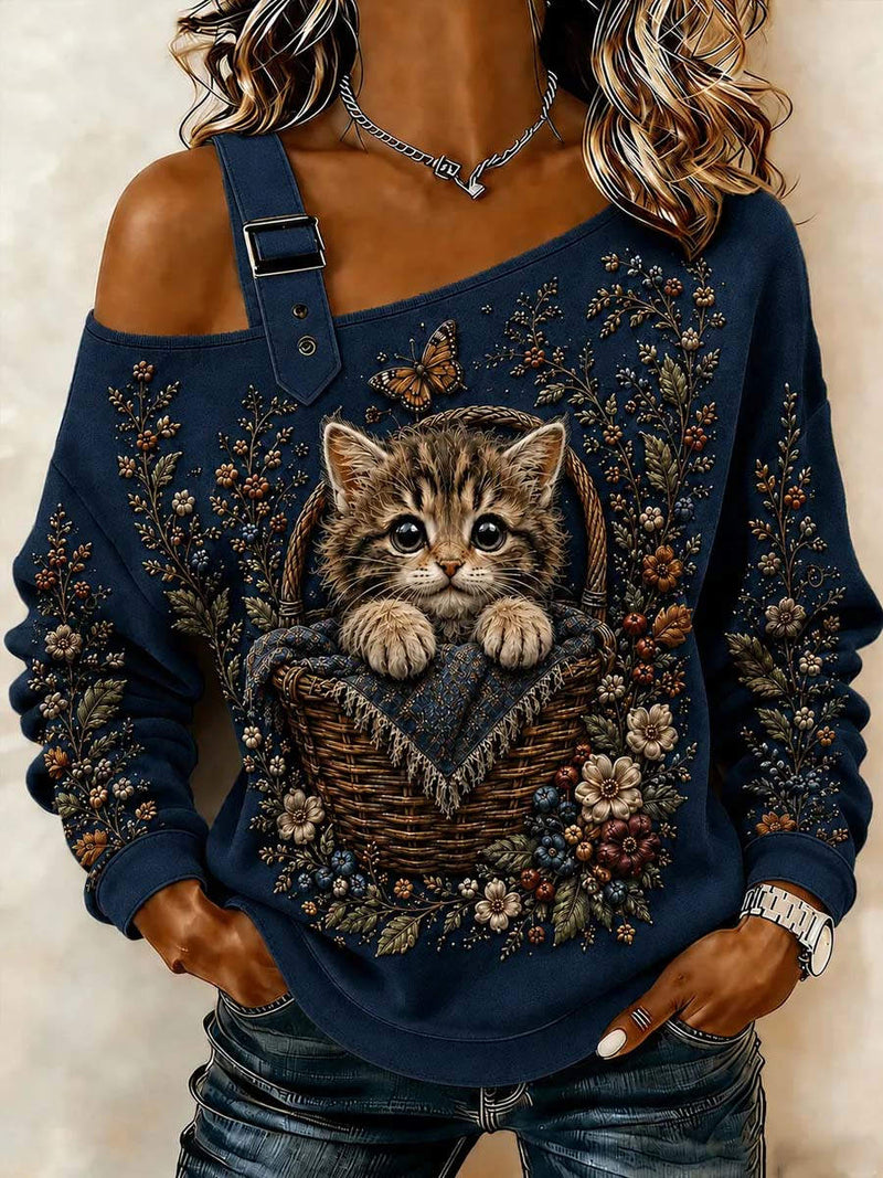Women's Navy Cat Floral Off Shoulder Long Sleeve Top