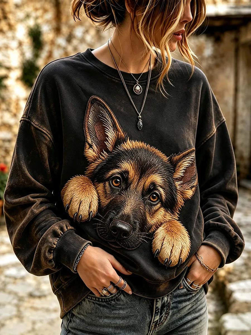 Women's Black Dog Round Neck Long Sleeve Sweatshirt