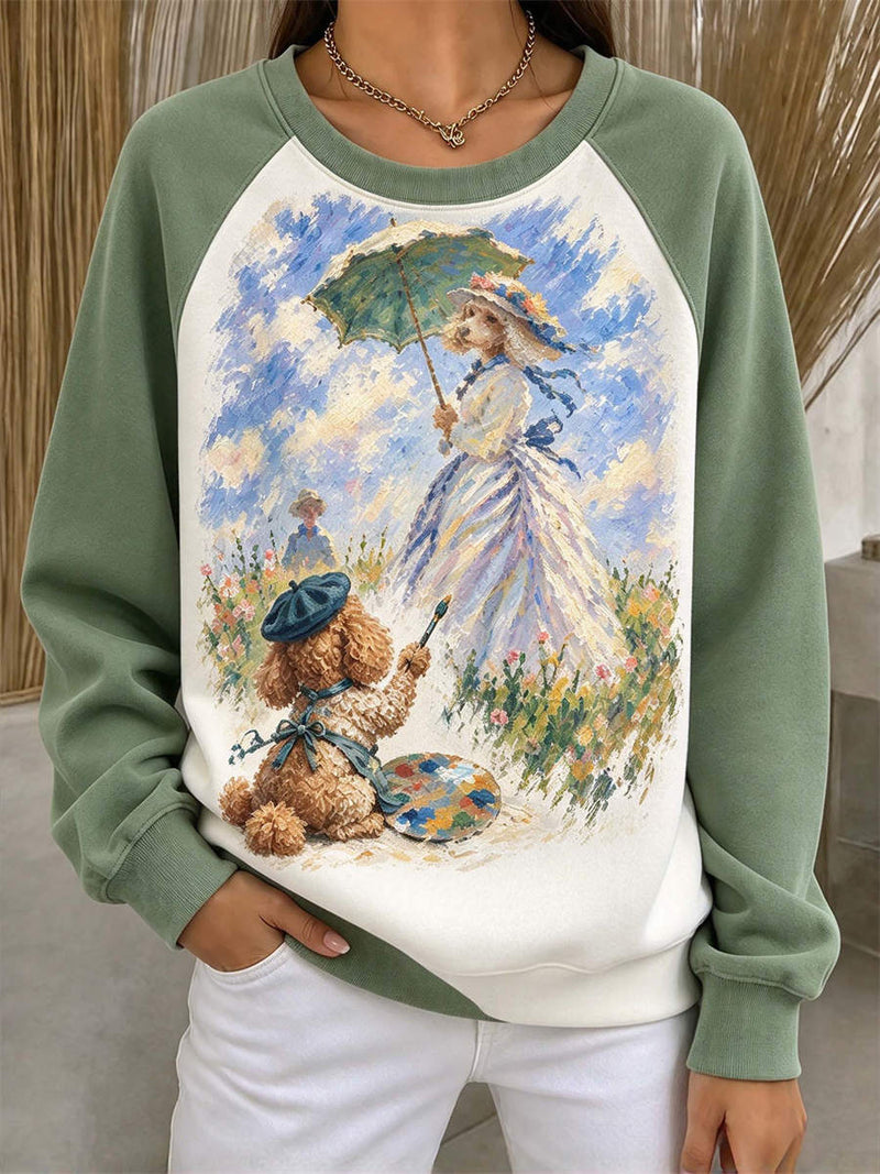 Women's Multi Dog Oil Painting Round Neck Raglan Long Sleeve Top