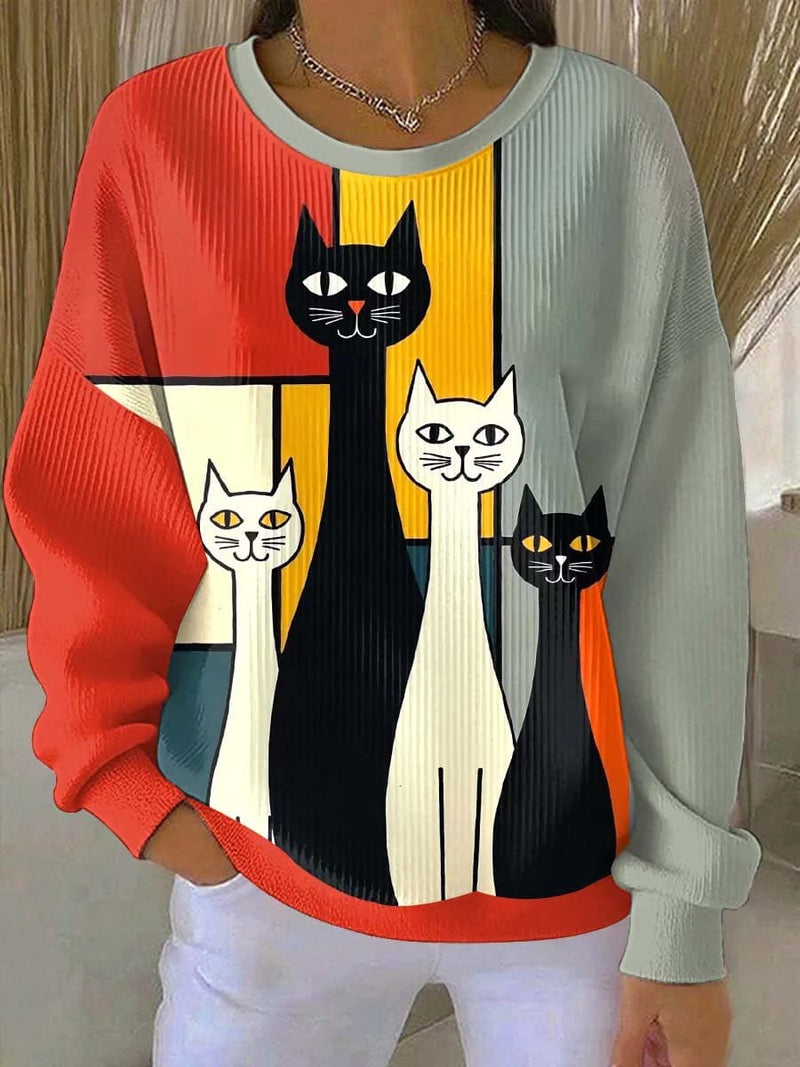 Women's Multi Cat Round Neck Long Sleeve Top